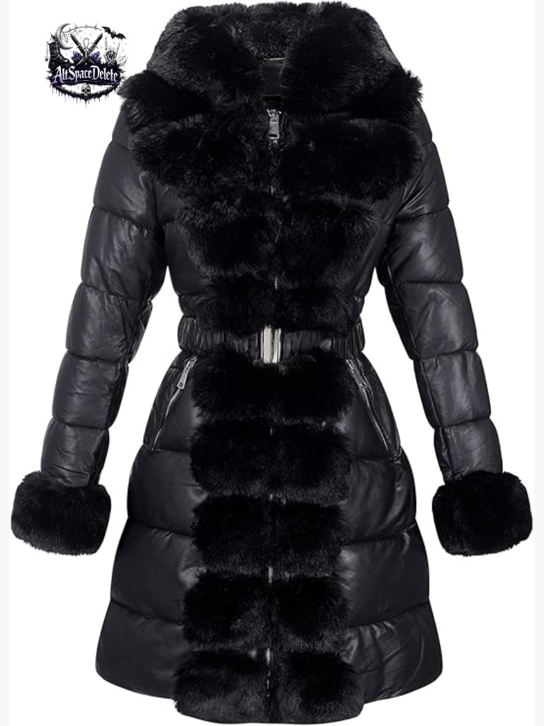 Women's Winter Puffer Jacket With Fur Trim Hood, Thigh Length Overcoat